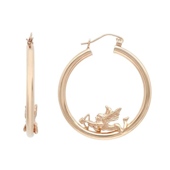 Rachel Koen Cupid Angel Hollow Round Hoop Earrings 14K Yellow Gold - Picture 2 of 4